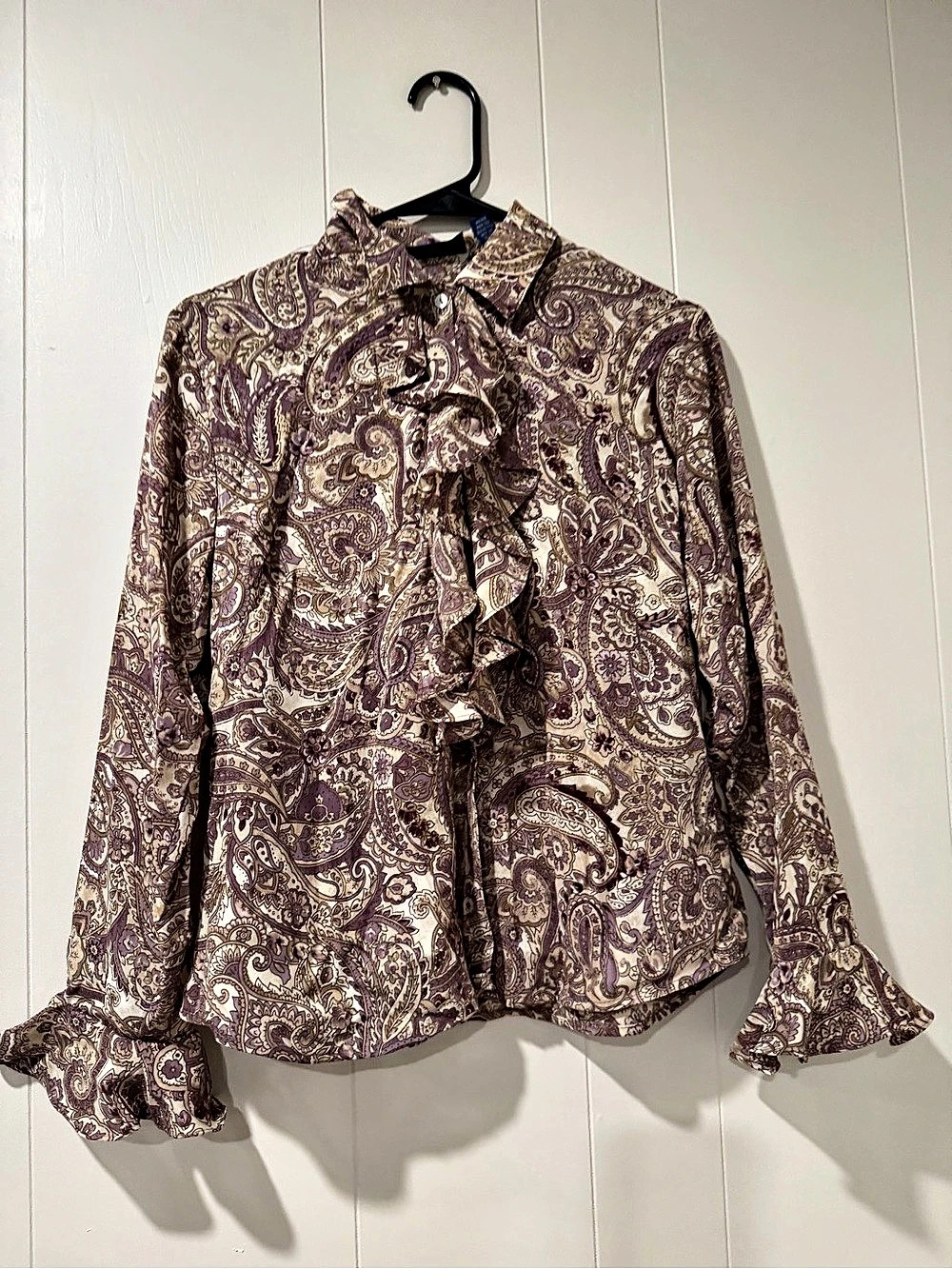 Karen Scott Paisley Ruffle Blouse in Brown & Purple Size Large